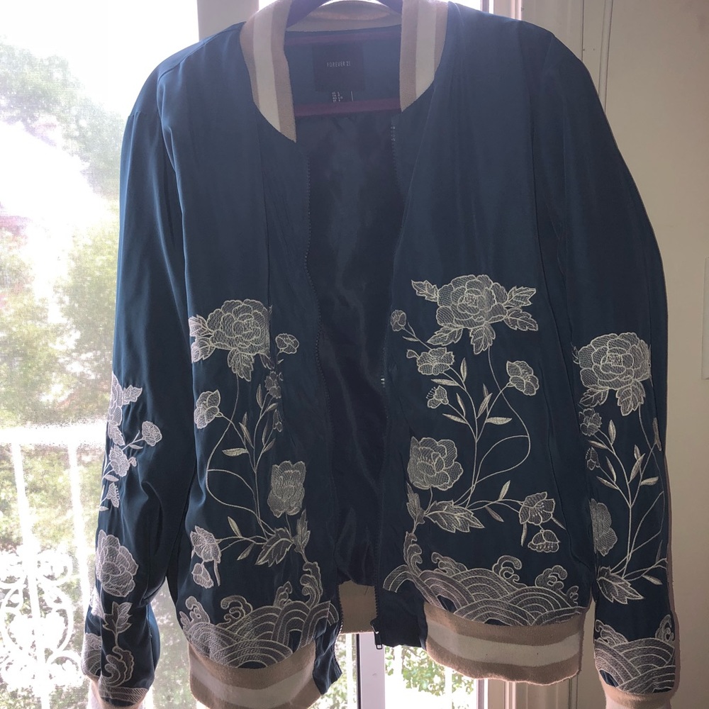 Blue Embellished Bomber Jacket